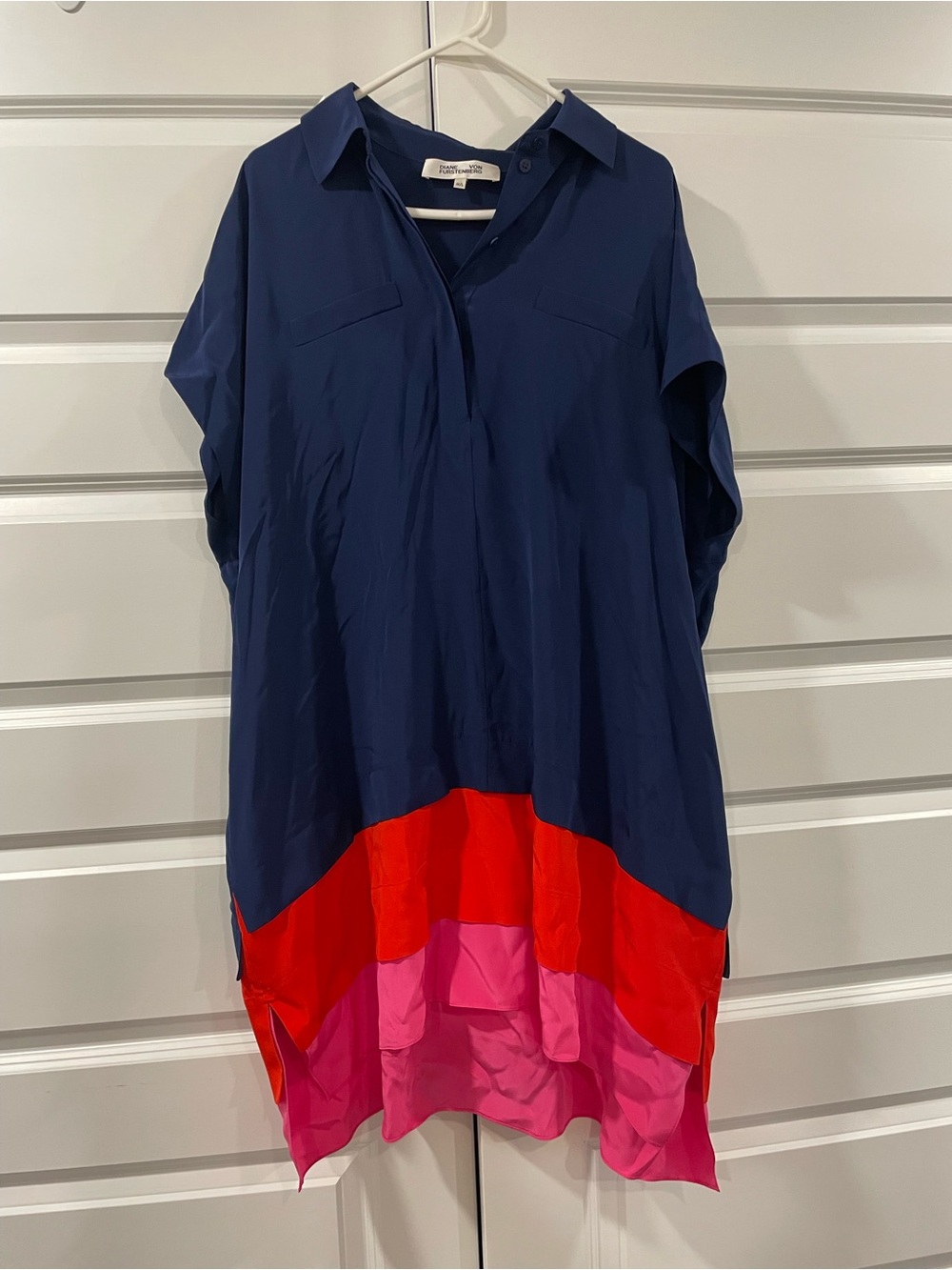 Diane Von Furstenberg Silk Navy Mini Dress with Red and Pink Hem Color block NEW